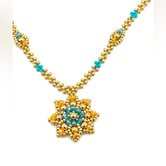 Hand Crafted Jewelry - Hand Crafted Gold and Blue Floral Pendant Necklace